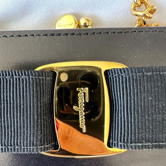 *SOLD*Authentic Salvatore Ferragamo Leather Black Bow Bag w/ Gold Chain - Picture 5 of 17